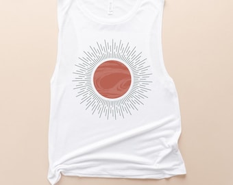 Boho Sun Graphic Tank Top, Flowy Muscle Tee