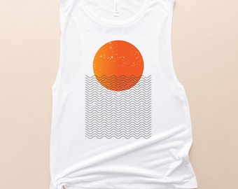 Abstract Sun Waves Muscle Tank, Minimalist Nature Yoga Shirt