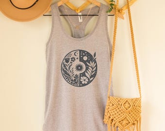 Floral Sun Moon Yin Yang Tank Top, Celestial Boho Graphic Racerback