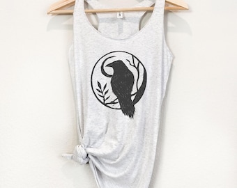 クロウ柄のマッスルタンクトップ、ボヘミアン風レイヴンシャツ