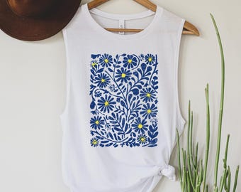 Boho Floral Muscle Tank – Botanical Nature Shirt, Summer Festival Top – Bella Canvas 8803
