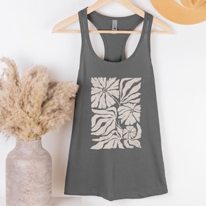 Boho Botanical Racerback Tank, Neutral Floral Abstract Tank Top, 1533 Navy Shirt, Minimal Nature Graphic, Gift for Her, Summer Tanks