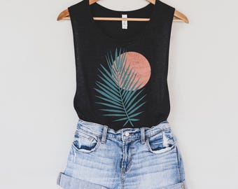 Boho Palm & Sun Muskelshirt, Retro Sommer Strand Shirt