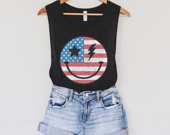 Smile Face 4th of July Tank Top, Women's Patriotic Muscle Tee