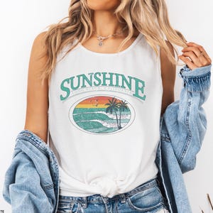 Sunshine Tank Top – Retro Summer Beach Shirt – Palm Tree Graphic Tee – Comfort Colors Unisex Muscle Tank – Boho Coastal Festival Vibe