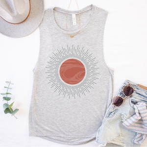 Boho Sunshine Tank Top, Bella Canvas 8803, Sun Graphic Muscle Tank, Womens Yoga Tank, Festival Top, Flowy Workout Tank, Spiritual Tank