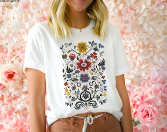 Cottagecore Folk Art Floral Shirt, Scandinavian Inspired Graphic Tee