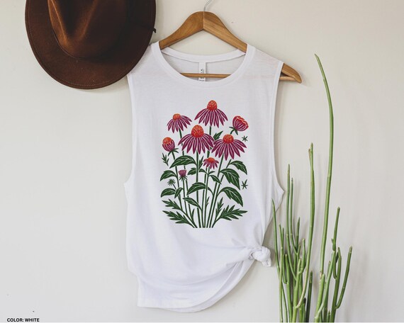 Boho Folk Art Coneflower Linocut Style Graphic Shirt, Bold Floral Nature Top, Cottagecore Boho Flower Shirt, Gift for Her, Boho Floral Tank