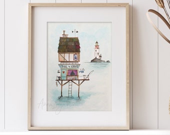 Illustration of house with lighthouse, watercolor sheet, painting for interior decoration, illustration of a house, watercolor print