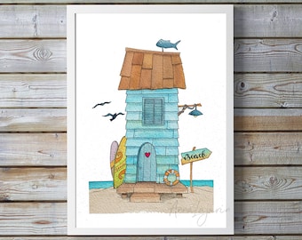 Ilustración de casa en la playa, lámina de acuarela, cuadro para decoración de interiores, ilustración de surf, ilustración de una casa