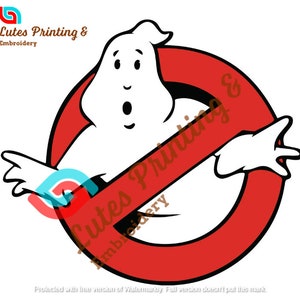 Puede incluir: Un personaje de fantasma blanco de dibujos animados dentro de un círculo rojo con una línea roja diagonal que lo atraviesa. La imagen incluye el texto "Lutes Printing & Embroidery". El fantasma tiene una expresión de sorpresa.