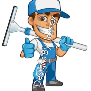 Könnte beinhalten: Eine Cartoon-Illustration eines lächelnden Fensterputzers, der einen blauen Hut und eine Latzhose trägt, einen Abzieher und eine Sprühflasche hält. Der Text "Designs By Jessey" ist vertikal auf dem Bild geschrieben.