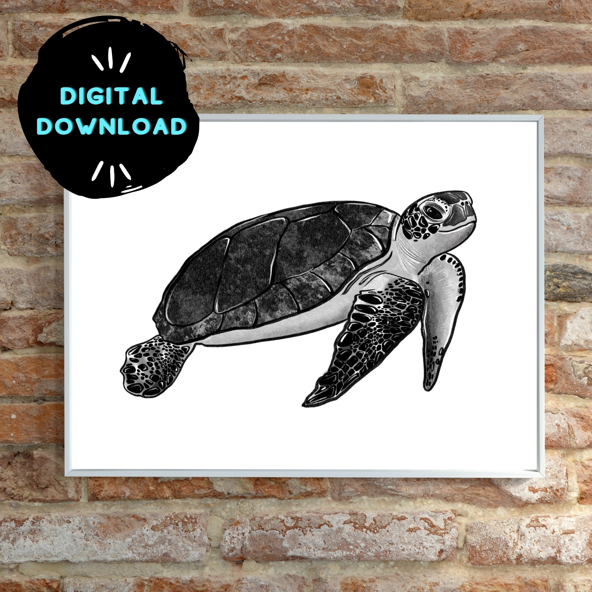 Sea Turtle Art Print Printable Ocean Wall Art Black and | Etsy
