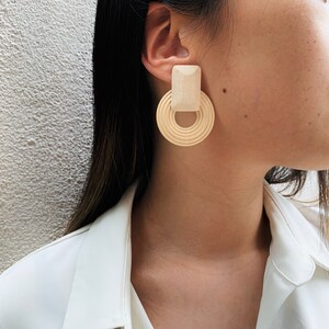 wood earrings, mod earrings, big earrings, mcm, midcentury modern jewelry, Scandinavian jewelry,  Wood Circle Earrings with Disc, Round Wood Earrings, Boho Hippie Wooden Earrings, Birthday Jewelry, African jewelry