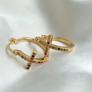 Mini Hoop Earrings 18K Gold filled Cross rainbow cross hoop earrings, Fashion Jewelry, gold earrings, gold jewelry, birthday gift