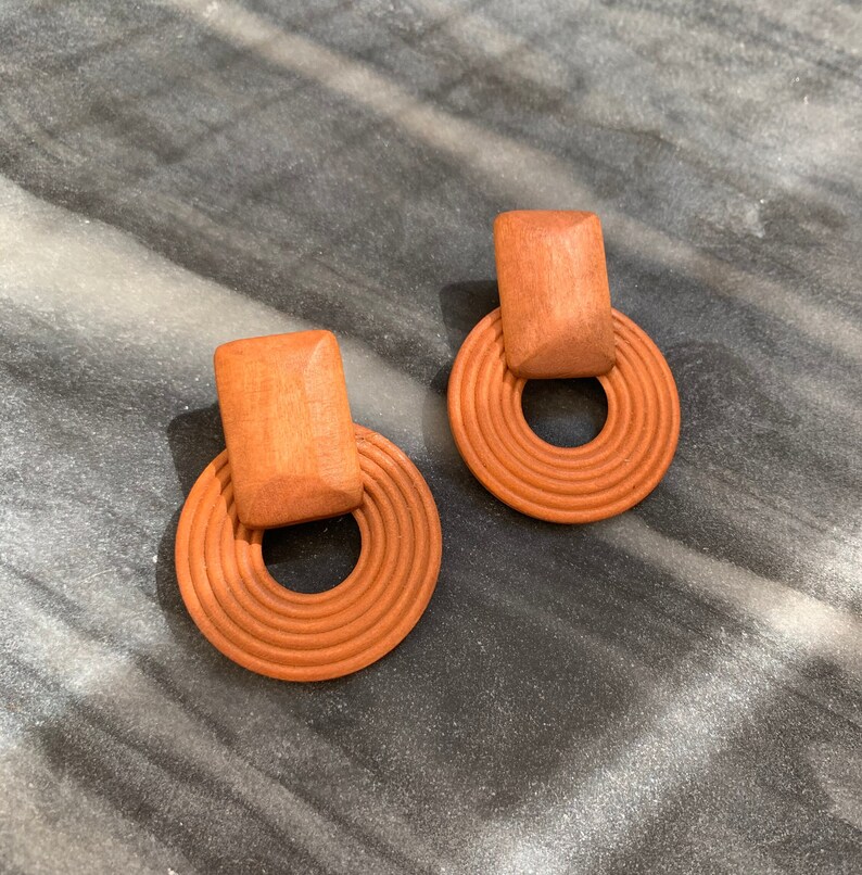 wood earrings, mod earrings, big earrings, mcm, midcentury modern jewelry, Scandinavian jewelry,  Wood Circle Earrings with Disc, Round Wood Earrings, Boho Hippie Wooden Earrings, Birthday Jewelry, African jewelry