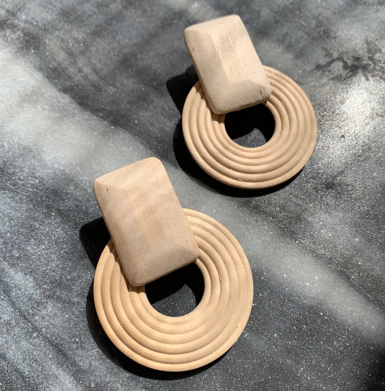 wood earrings, mod earrings, big earrings, mcm, midcentury modern jewelry, Scandinavian jewelry,  Wood Circle Earrings with Disc, Round Wood Earrings, Boho Hippie Wooden Earrings, Birthday Jewelry, African jewelry