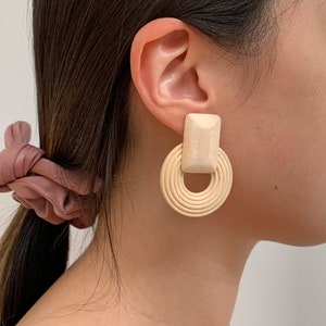 wood earrings, mod earrings, big earrings, mcm, midcentury modern jewelry, Scandinavian jewelry,  Wood Circle Earrings with Disc, Round Wood Earrings, Boho Hippie Wooden Earrings, Birthday Jewelry, African jewelry