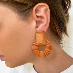 wood earrings, mod earrings, big earrings, mcm, midcentury modern jewelry, Scandinavian jewelry,  Wood Circle Earrings with Disc, Round Wood Earrings, Boho Hippie Wooden Earrings, Birthday Jewelry, African jewelry