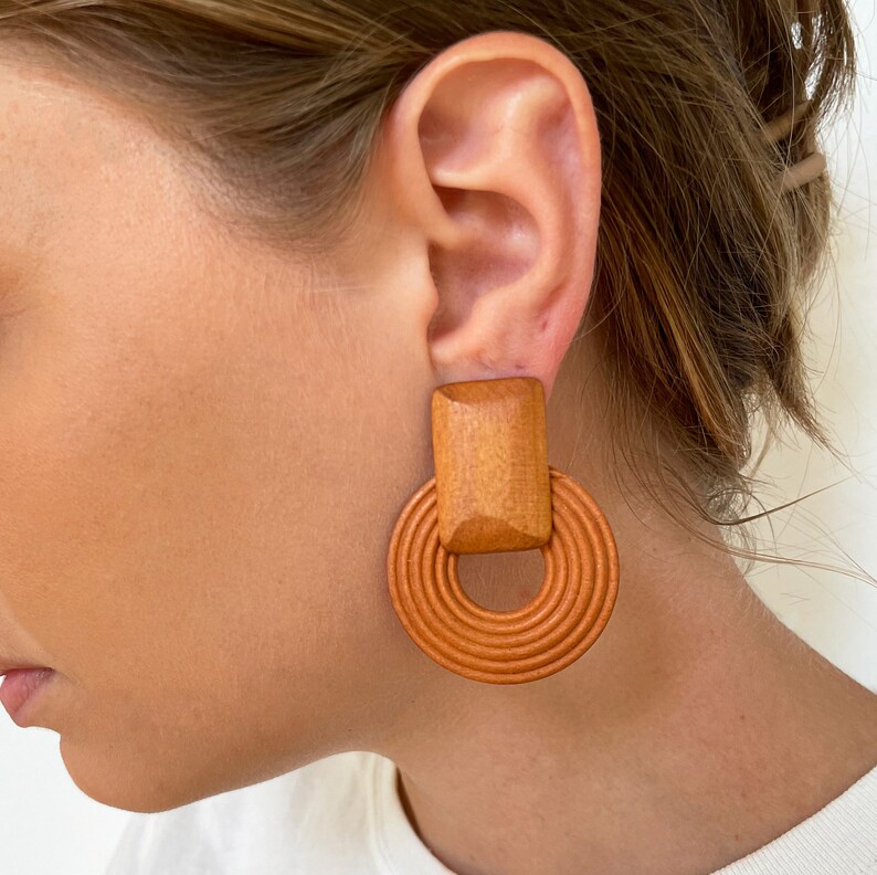 wood earrings, mod earrings, big earrings, mcm, midcentury modern jewelry, Scandinavian jewelry,  Wood Circle Earrings with Disc, Round Wood Earrings, Boho Hippie Wooden Earrings, Birthday Jewelry, African jewelry