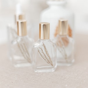 May include: Clear glass perfume bottles with gold-colored caps. Each bottle contains a dried plant stem. The bottles are arranged on a light beige surface, with a blurred white vase and diffuser sticks in the background.