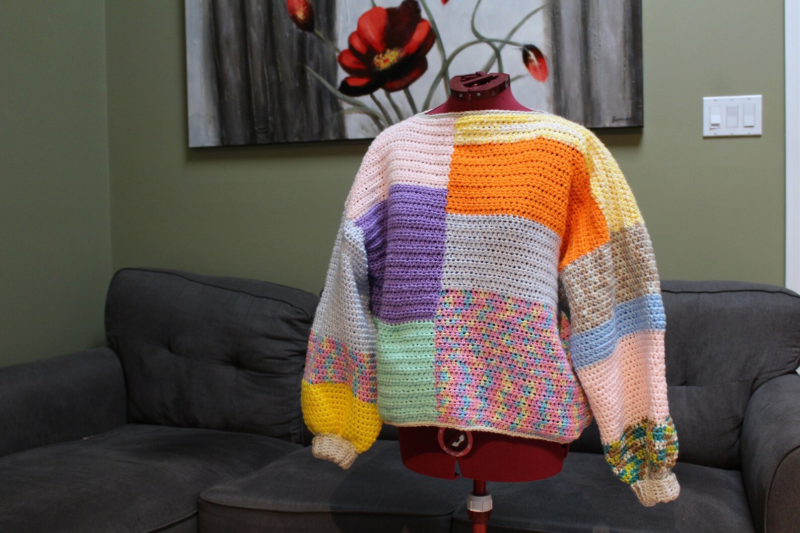 Patchwork Crochet Sweater | Balloon Sleeve Handmade Jumper | Women's ...
