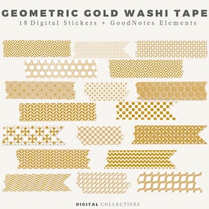 18 Geometric Gold Washi Tape Digital Stickers | Stickers for GoodNotes & Notability | GoodNotes Elements | PNG clipart files