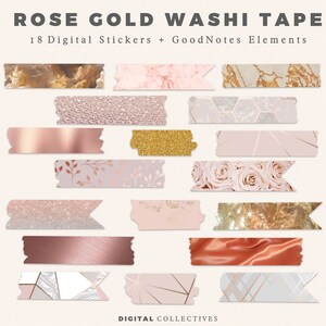 Rose Gold Washi Tape Digitale Stickers | Stickers voor GoodNotes en Notability | Digitale Washi Tape | 18 PNG-bestanden