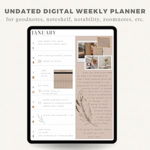 Può includere: Un modello di planner settimanale digitale con una tavolozza di colori neutri. Il planner presenta un layout a griglia con inizio il lunedì e la domenica. Il modello include un calendario per gennaio e una citazione del Dalai Lama. Il testo "UNDATED DIGITAL WEEKLY PLANNER" è nella parte superiore dell'immagine. Il testo "DIGITAL COLLECTIVES.ETSY.COM" è nella parte inferiore dell'immagine.