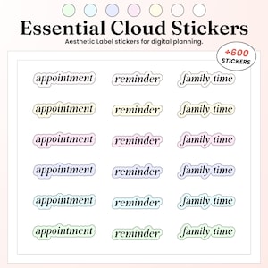 Könnte beinhalten: Ein Satz von 18 digitalen Planer-Aufklebern mit pastellfarbenen Rändern. Die Aufkleber zeigen die Wörter "Termin", "Erinnerung" und "Familienzeit" in schwarzem Text.