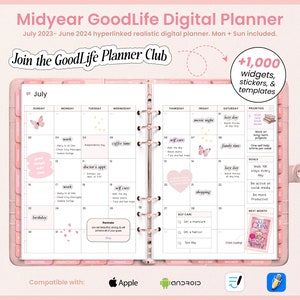 Mid-Year GoodLife Planner, 2023 - 2024 Mid Year Digital Planner for GoodNotes, 2024 Pink iPad Digital Planner, Realistic Digital Planner