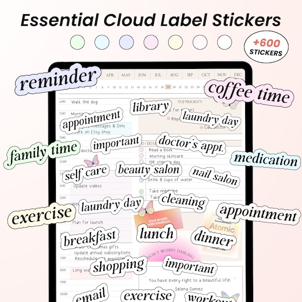 Essential Labels Digital Stickers,  Everyday Digital Label Stickers for Digital Planning, Digital Cloud Labels, Stickers for GoodNotes iPad