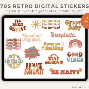 Adesivos digitais retrô dos anos 70, adesivos digitais de positividade hippie, 14 adesivos de planejador digital pré-cortados, adesivos de notabilidade e boas notas