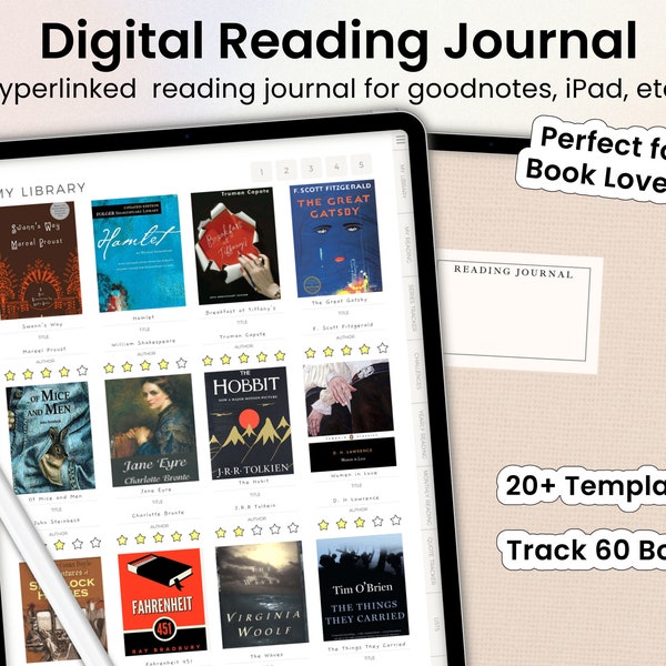 Digitales Lesejournal, Digitaler Leseplaner, Digitaler Planer, Goodnotes Journal, Buchbesprechung, Bücherregal, Leselog, Reading Tracker
