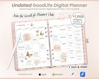 Planificateur GoodLife neutre non daté, planificateur numérique non daté pour GoodNotes, planificateur numérique iPad, planificateur de paysage numérique non daté réaliste