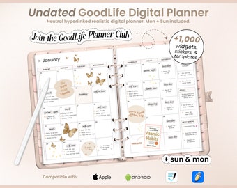 Neutral GoodLife Digital Planner: senza data, con collegamento ipertestuale (download digitale)