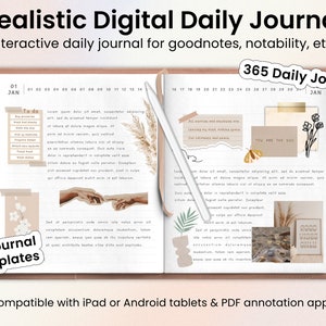 May include: A digital daily journal with a brown cover and a white interior. The journal has a calendar layout with dates for each day of the year. The journal is compatible with iPad or Android tablets and PDF annotation apps. The text "365 Daily Journal" is printed on the cover.