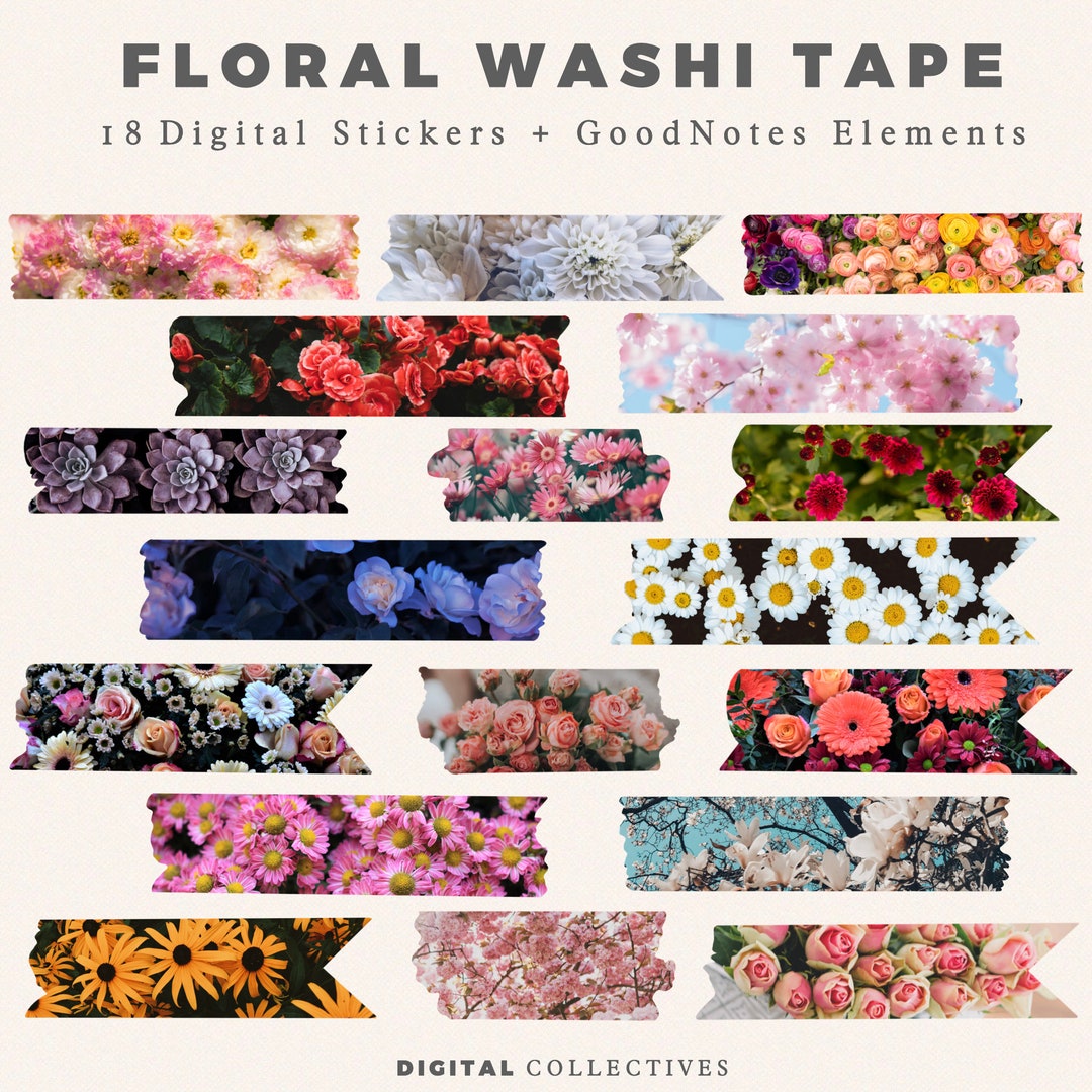 18 Floral Washi Tape Digital Stickers Washi Tape Goodnotes - Etsy
