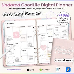 Könnte beinhalten: Ein rosa digitaler Planer mit dem Text "Undated GoodLife Planner" und "+ sun & mon". Der Planer ist kompatibel mit Apple- und Android-Geräten. Er enthält über 1.000 Widgets, Sticker und Vorlagen.