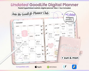 Pastelkleurige digitale GoodLife-planner: niet gedateerd, met hyperlinks (digitale download)