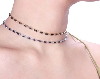 Black Diamond Choker Necklace | Black Baguette Onyx Choker Necklace | Baguette Diamond Choker in Gold