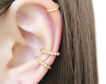 Round Beaded Ear Cuff Adjustable Sterling Silver | Beaded 18k Gold No Piercing Necessary Earrings | Comfortable Ear Cuff Slip over the Ear