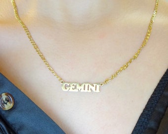 Zodiac Sign Horoscope Necklace Gold, Figaro Chain Necklace Zodiac Name Plate, Zodiac Nameplate Customized Necklace Engraved.