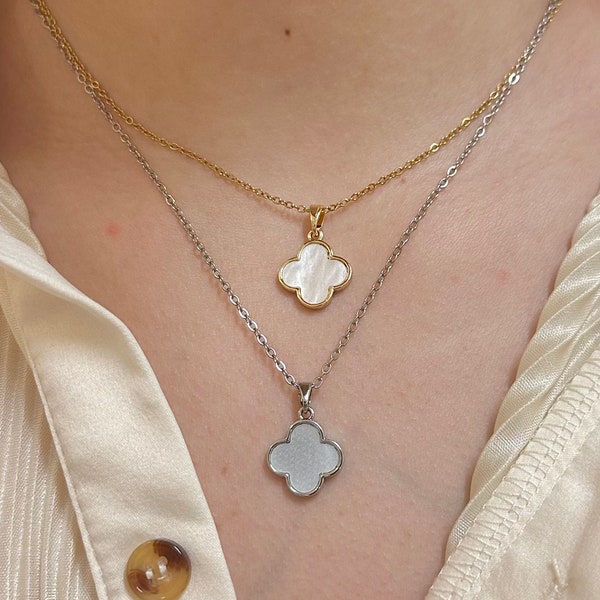 Mother of Pearl Clover Necklace, Clover CZ Diamond Necklace, Clover Charm Pearl Necklace, Single Clover Mother of Pearl Necklace