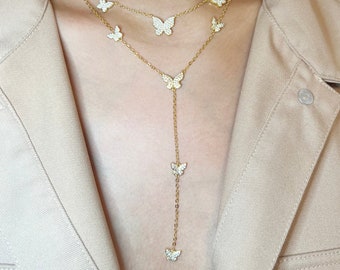 Gold Diamond Pave Butterflies Lariat Necklace, Y Style CZ Diamond Pave Butterflies Multi Necklace, CZ Pave Y shape Multiple Butterflies