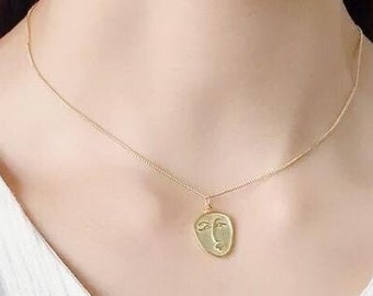 Picasso Face Necklace in Gold | Sterling Silver Abstract Face Necklace | Dainty Face Abstract Necklace 18k Gold | Artsy Face Necklace Gold,