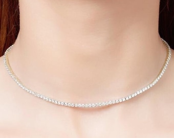 Diamond White Gold Choker Necklace | Cubic Zirconia Tennis Choker Necklace Sterling Silver | Yellow Gold Tennis Choker