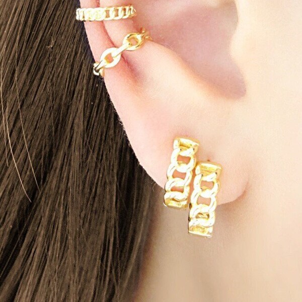 Small Curb Chain Link Hoop Earrings Nickel Free in Silver and 18k Gold