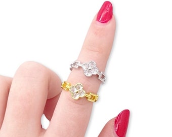 CZ Diamond Clover Shape Ring Sterling Silver 14k Gold, Clover Leaf Ring Black, White, Red, Green, Adjustable Luck Clover Chain Ring in Gold