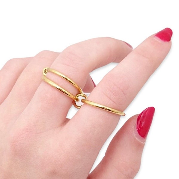 Three Connected Linked Ring Gold, Solarium Triple Linked Ring Stack Stainless Steel, Spinelli Triple Ring Gold, Triple Band Thin Ring